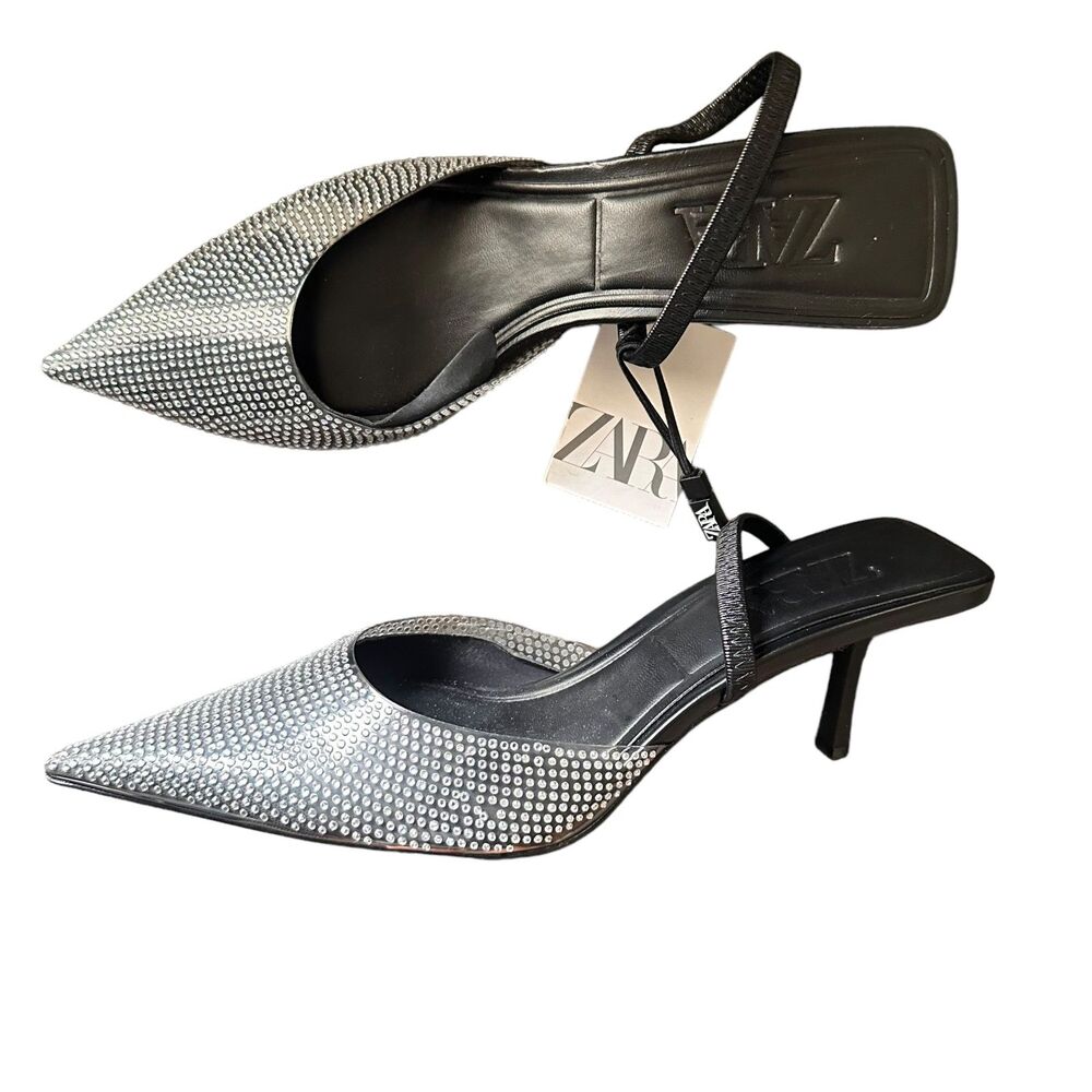 ZARA Rhinestone Pointed Mules NWT Sz 9 - Picture 1 of 7